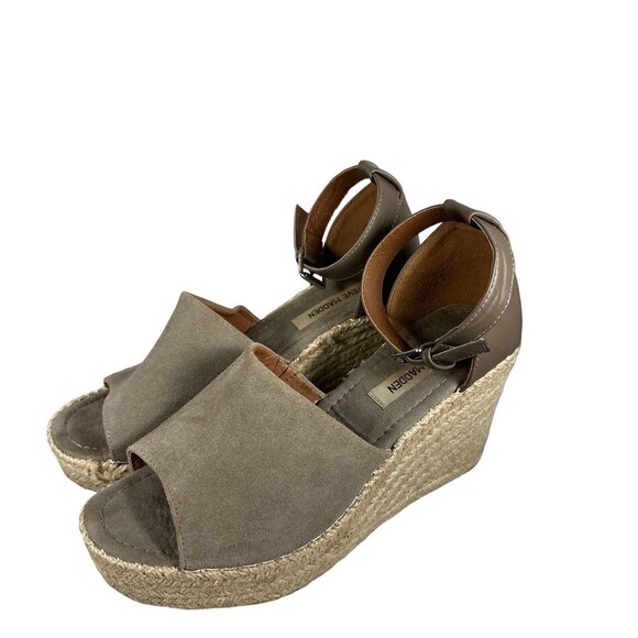 Steve Madden JYIA Espadrille Wedge Sandals Size 10 Brown Suede Leather Peep Toe - Picture 1 of 11